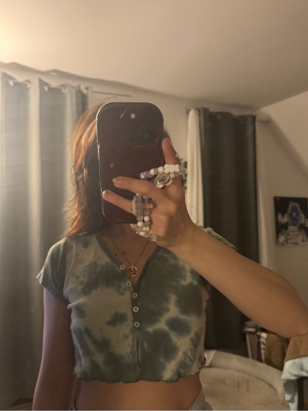 Tie-Dye Crop Button Front Top in Green and Cream social scene